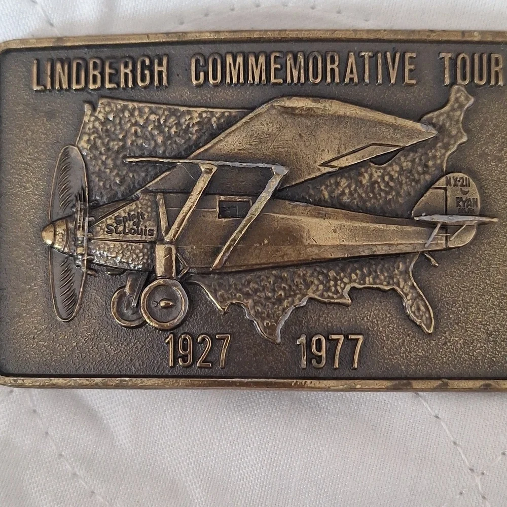 Vintage 1977 Charles Lindbergh Commemorative Tour Brass Belt Buckle